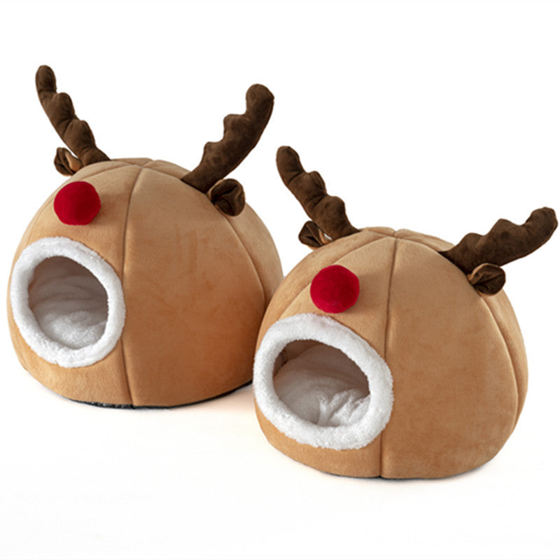 Festive Reindeer Pet Tent Bed | Warm Christmas Indoor Dog House Kennel